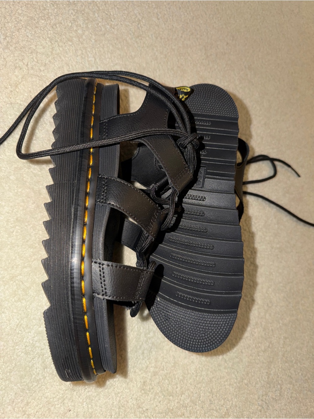 Dr. Martens Black Leather Platform Sandals with Yellow Stitching